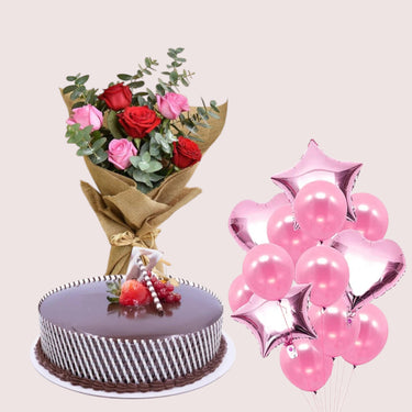 Chocolate Truffle Cake, Roses & Balloons